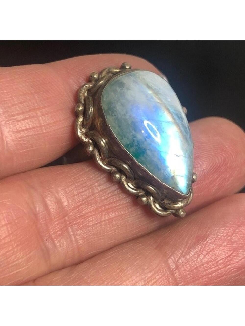B1239 Vintage Style Pear Moonstone Ring Sterling Silver Ornate 12.6g sz 8
